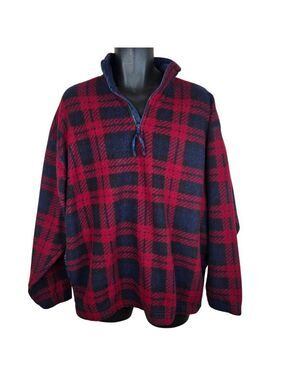 Vintage Bugle Boy Red Navy Plaid Pullover Fleece Jacket Mens M